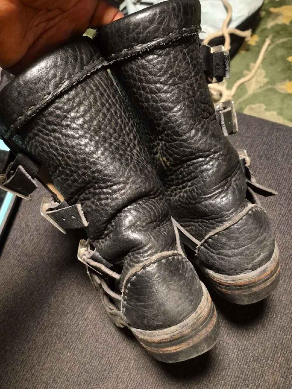 Men's Black Leather Buckle Strap Moto Boots